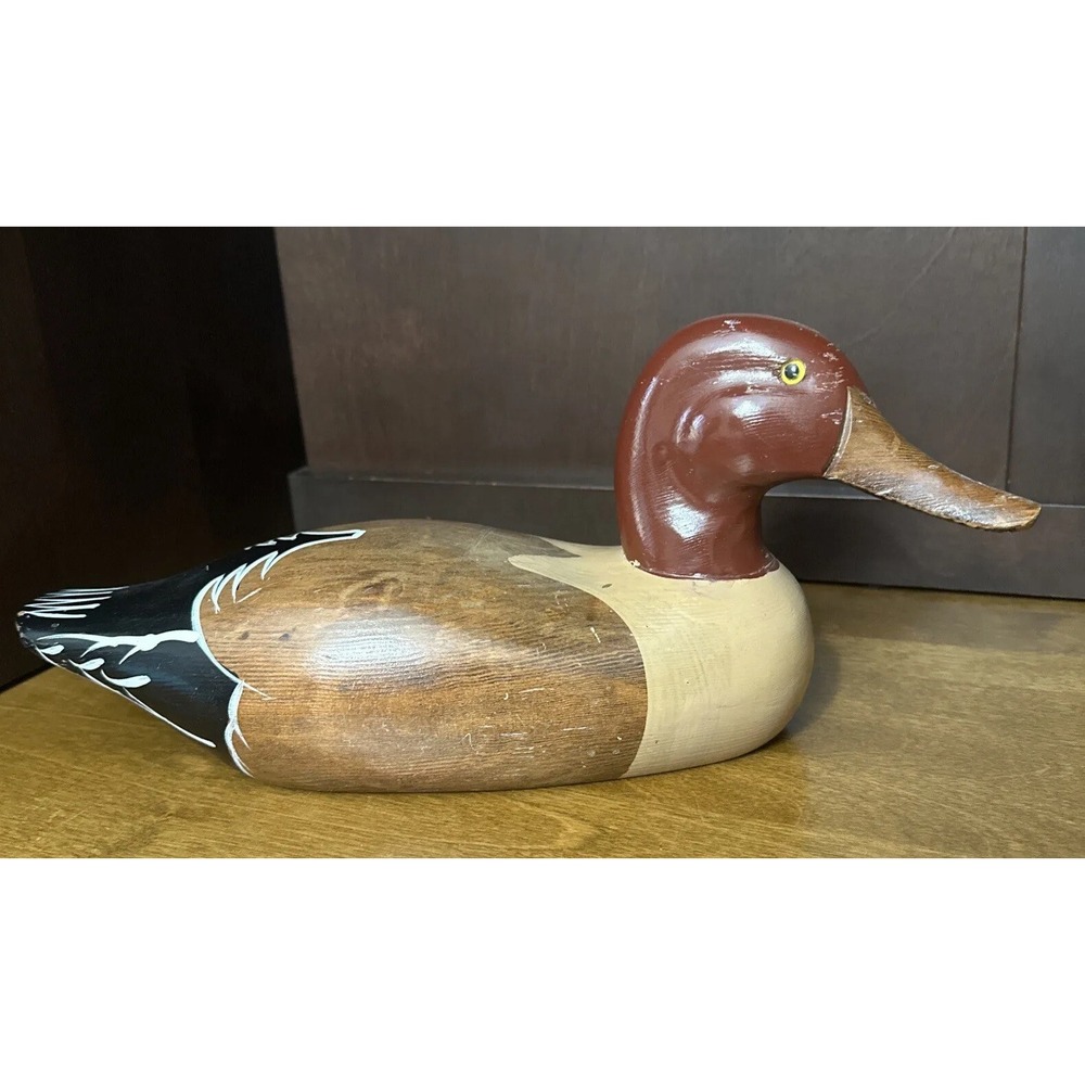 Wooden Duck Decoy Decor handmade Hand Painted Red Head Black Tail 13" x 5.5"